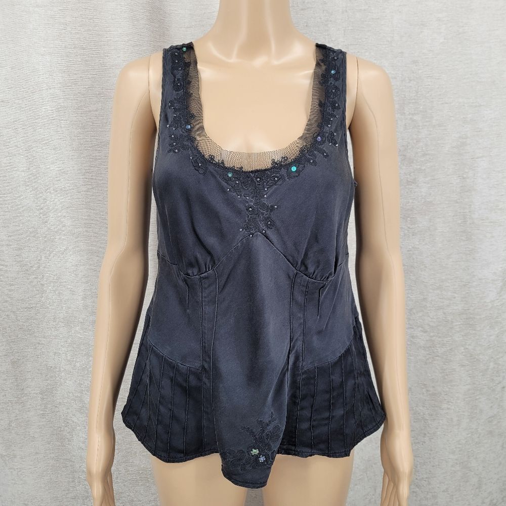 Tribal Y2K Silk Black Sleeveless Tank Top Beaded Pleated Embroidered